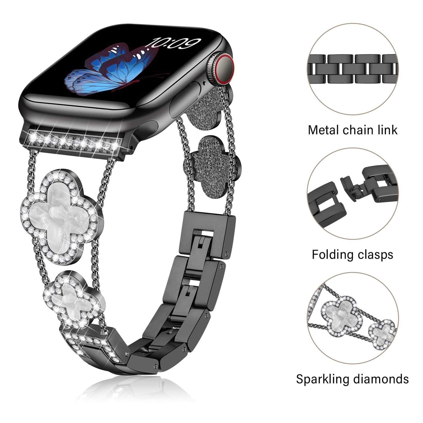 Williane Skiva  White Shell Clover Slim Metal Bracelet Apple Watch Strap