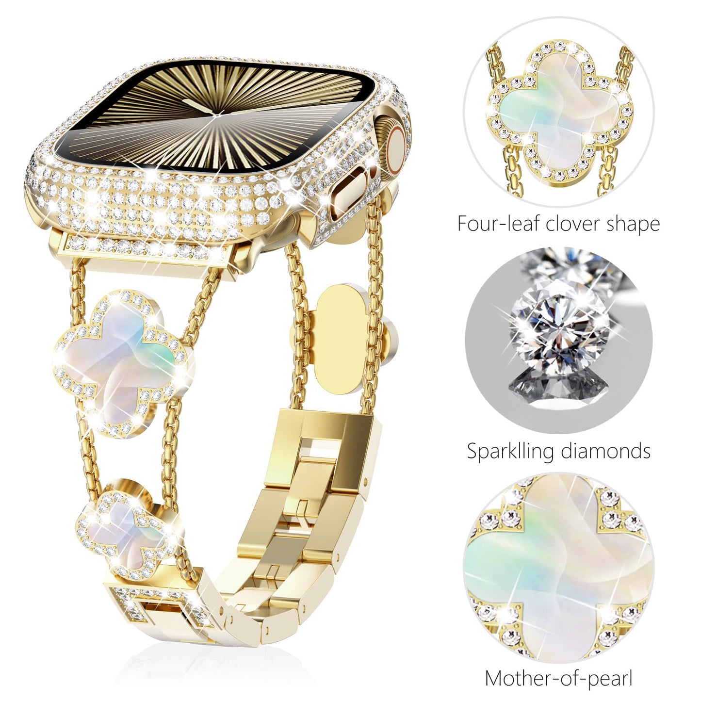 Williane Skiva  White Shell Clover Slim Metal Bracelet Apple Watch Strap