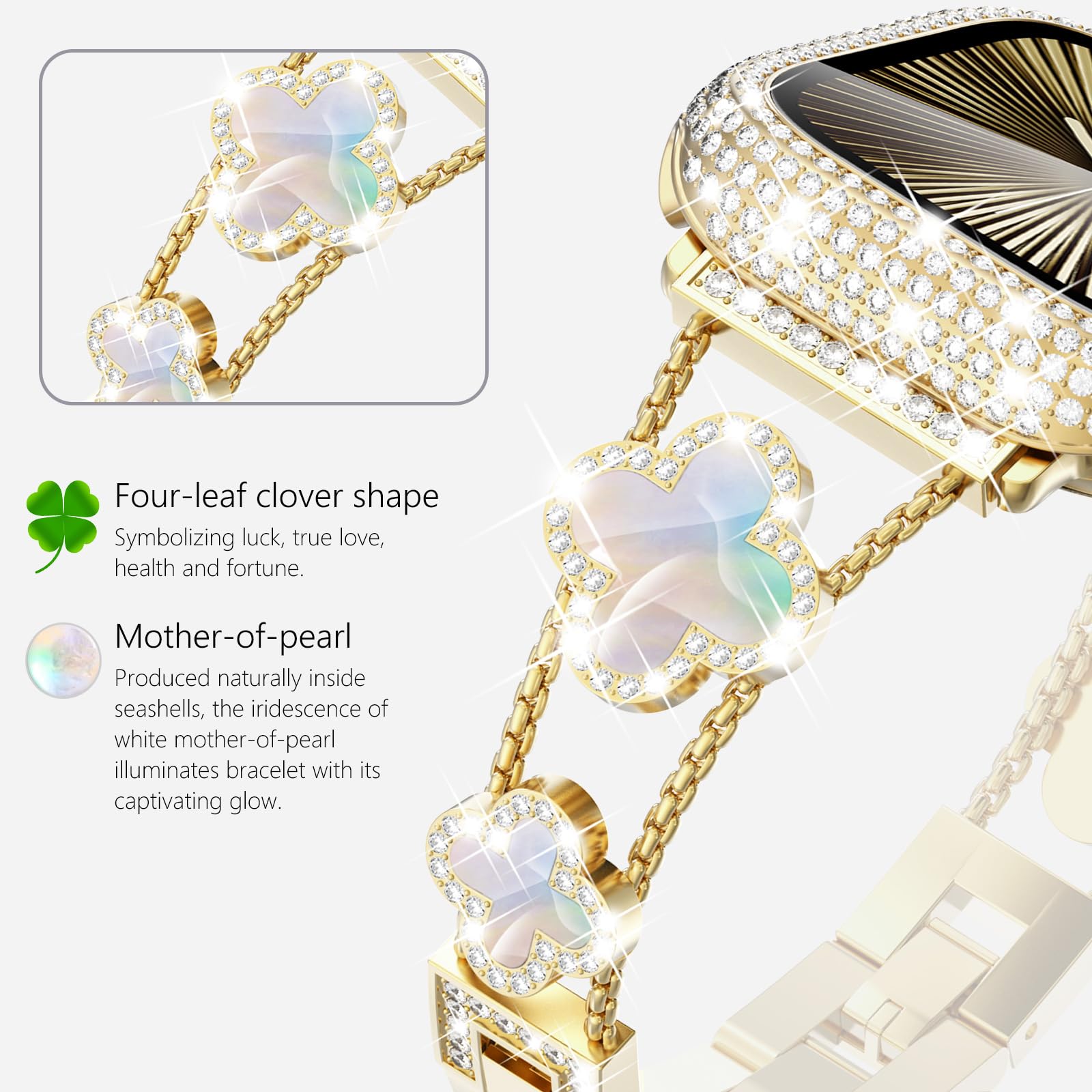 Williane Skiva  White Shell Clover Slim Metal Bracelet Apple Watch Strap