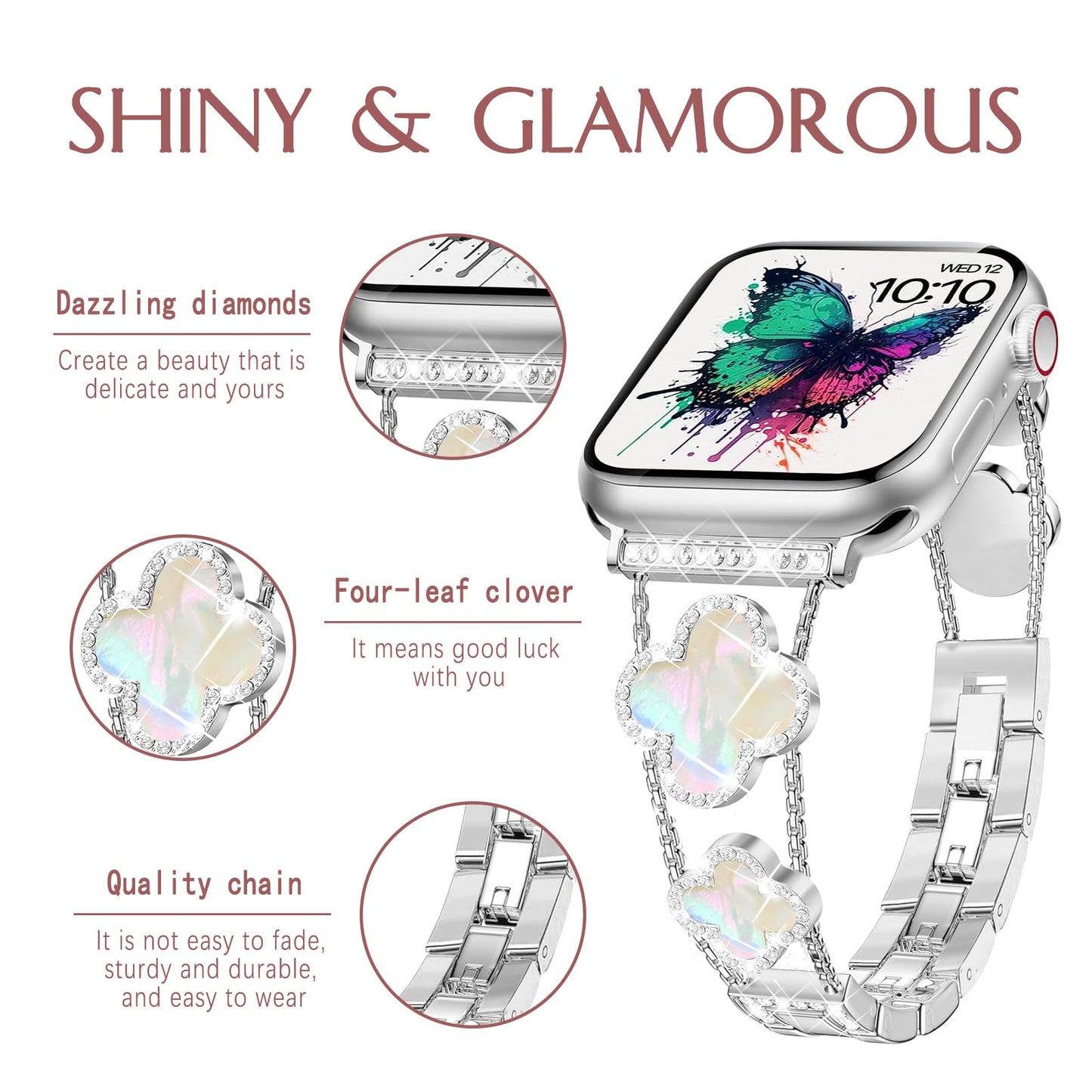 Williane Skiva  White Shell Clover Slim Metal Bracelet Apple Watch Strap