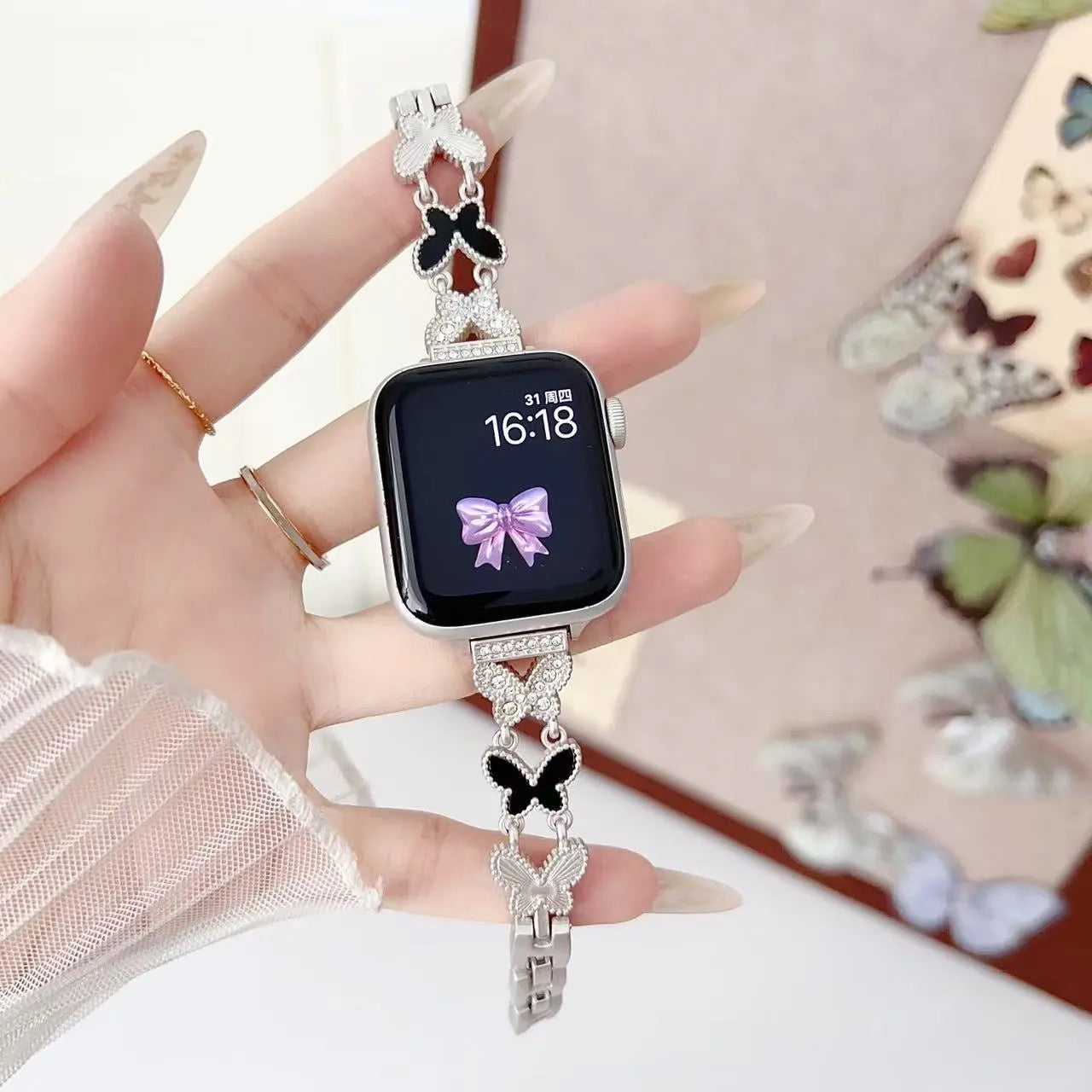 Williane Skiva Full Rhinestone Black Shell Butterfly Slim Metal Bracelet Apple Watch Strap