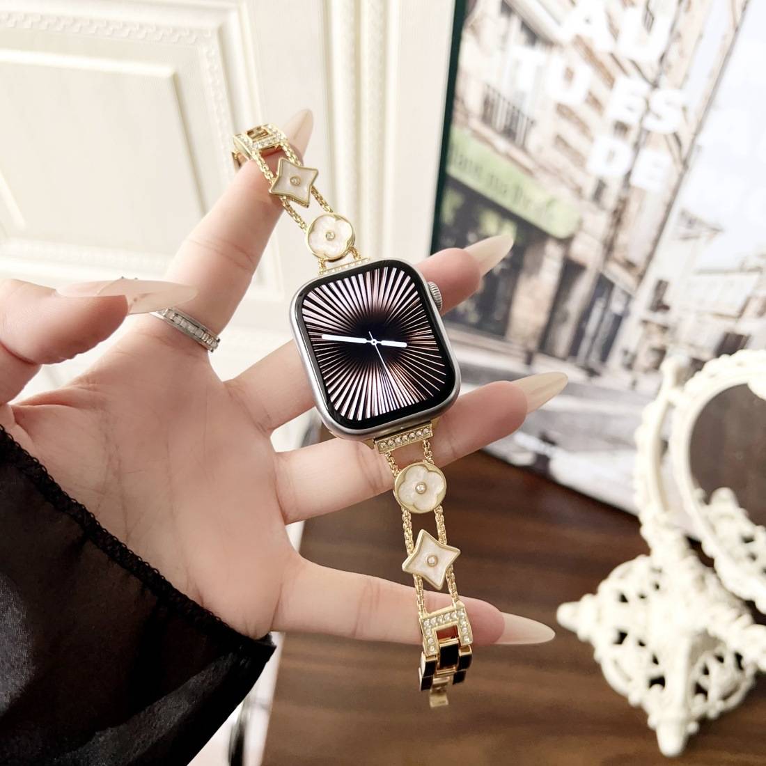 Williane Skiva Plum Blossom Link Strap with Bow Buckle Artisan Metal Apple Watch Strap