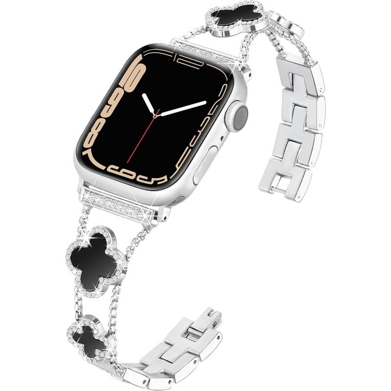 Williane Skiva Black Shell Clover Slim Metal Bracelet for Apple Watch - Business & Dressy Strap Compatible Ultra 2/Ultra/Series 10-1/SE/SE2 (38-49mm) Women (Watch Not Included)
