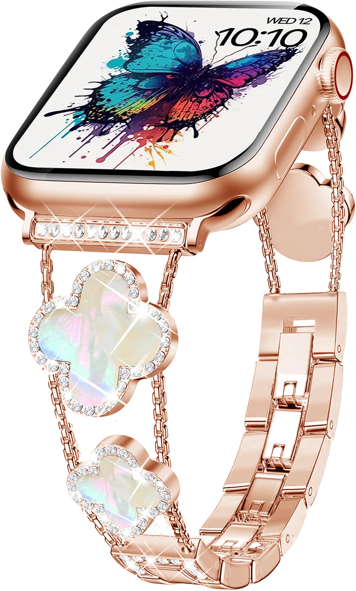 Williane Skiva  White Shell Clover Slim Metal Bracelet for Apple Watch - Business & Dressy Strap Compatible Ultra 2/Ultra/Series 9-1/SE/SE2 (38-49mm) Women & Men (Watch Not Included)