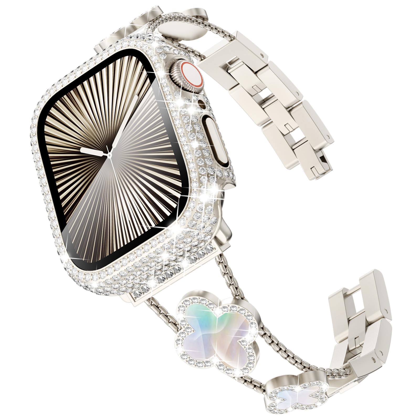 Williane Skiva  White Shell Clover Slim Metal Bracelet for Apple Watch - Business & Dressy Strap Compatible Ultra 2/Ultra/Series 9-1/SE/SE2 (38-49mm) Women & Men (Watch Not Included)