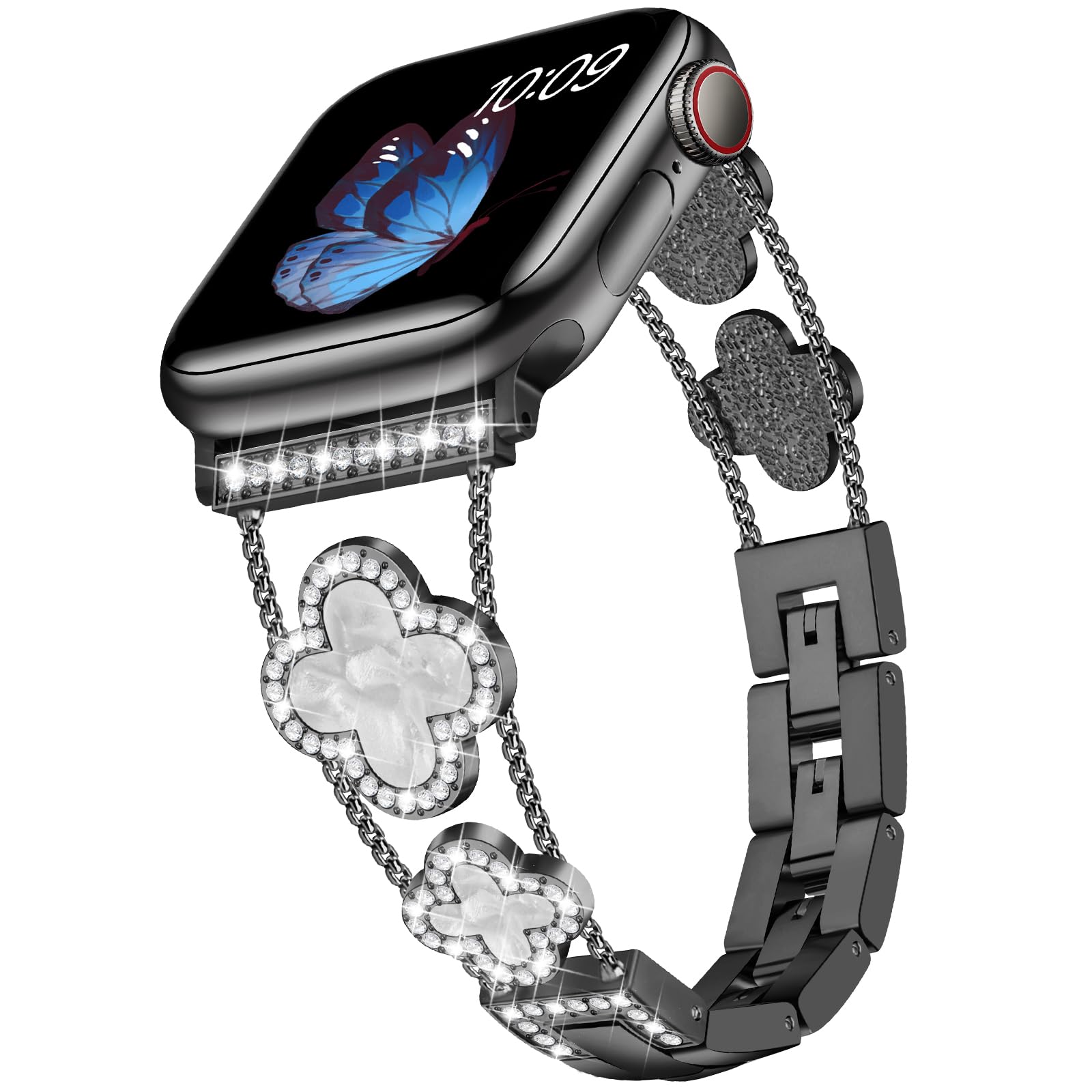 Williane Skiva  White Shell Clover Slim Metal Bracelet for Apple Watch - Business & Dressy Strap Compatible Ultra 2/Ultra/Series 9-1/SE/SE2 (38-49mm) Women & Men (Watch Not Included)