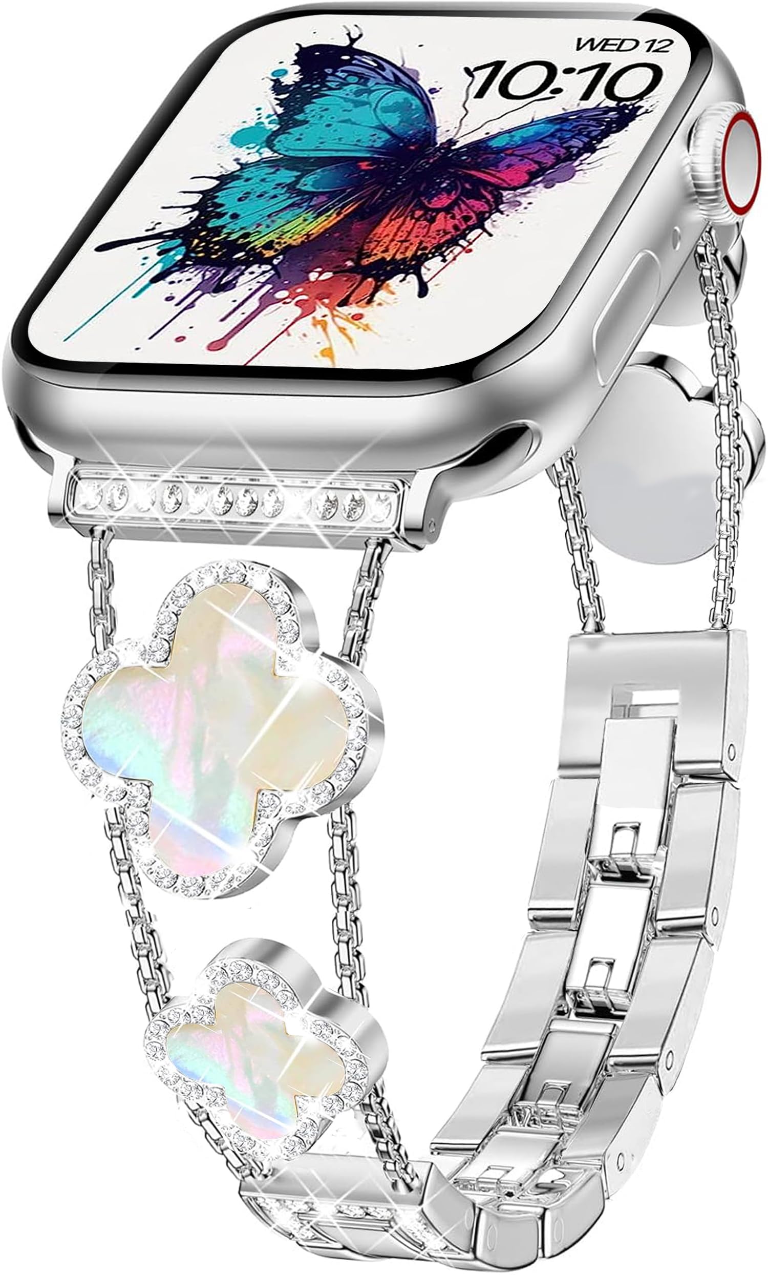 Williane Skiva  White Shell Clover Slim Metal Bracelet for Apple Watch - Business & Dressy Strap Compatible Ultra 2/Ultra/Series 9-1/SE/SE2 (38-49mm) Women & Men (Watch Not Included)